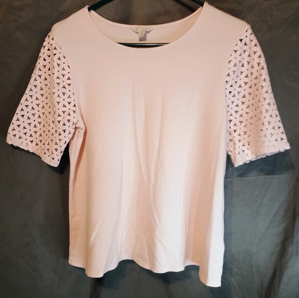 Elegant Women's Blouse with Lace Sleeves in Light Pink
